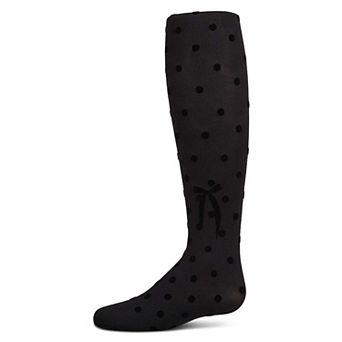 Girls Opaque Polka Dot Bow-Trimmed Flocked Tights