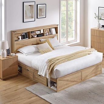 Farmhouse King Bed Frame with LED Lights, Charging Station & 4 Drawers, Rustic Wooden Platform Bed