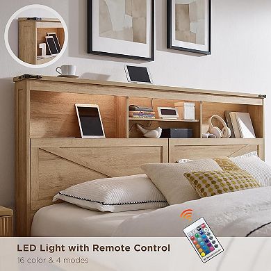 Farmhouse King Bed Frame with LED Lights, Charging Station & 4 Drawers, Rustic Wooden Platform Bed