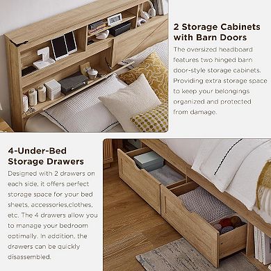 Farmhouse King Bed Frame with LED Lights, Charging Station & 4 Drawers, Rustic Wooden Platform Bed