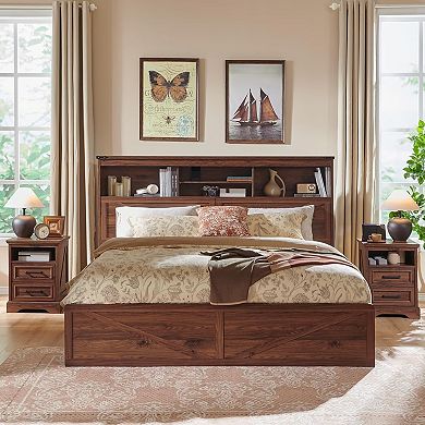 Farmhouse King Bed Frame with LED Lights, Charging Station & 4 Drawers, Rustic Wooden Platform Bed