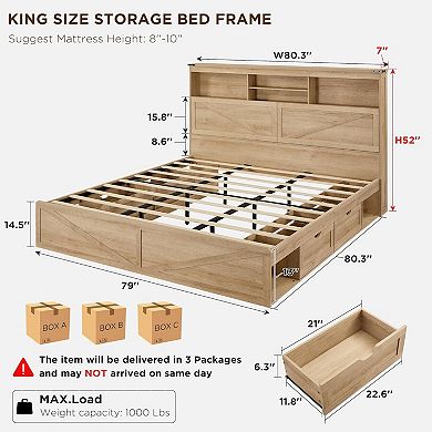 Farmhouse King Bed Frame with LED Lights, Charging Station & 4 Drawers, Rustic Wooden Platform Bed