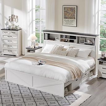 Farmhouse King Bed Frame with LED Lights, Charging Station & 4 Drawers, Rustic Wooden Platform Bed