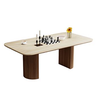 Modern Dining Table, Travertine Sintered Stone Dining Room Table with Fluted Wood Dual-Pedestal