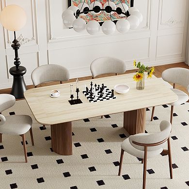 Modern Dining Table, Travertine Sintered Stone Dining Room Table with Fluted Wood Dual-Pedestal