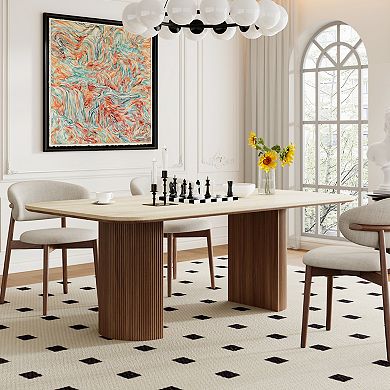 Modern Dining Table, Travertine Sintered Stone Dining Room Table with Fluted Wood Dual-Pedestal
