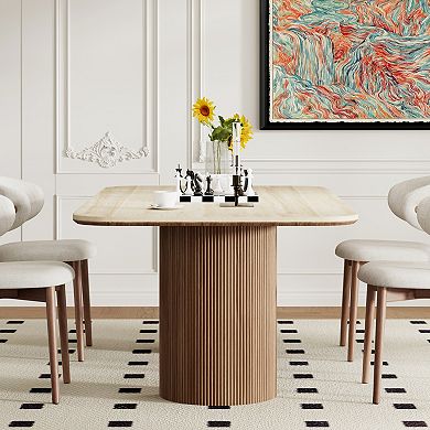 Modern Dining Table, Travertine Sintered Stone Dining Room Table with Fluted Wood Dual-Pedestal