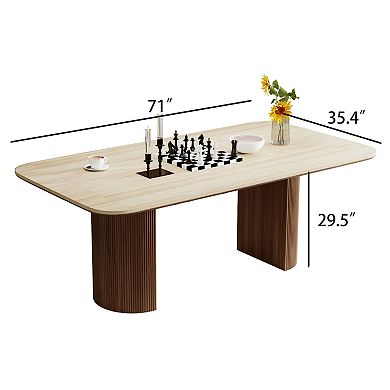 Modern Dining Table, Travertine Sintered Stone Dining Room Table with Fluted Wood Dual-Pedestal