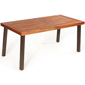 Acacia Wood Outdoor Dining Table with Umbrella Hole and Steel Legs
