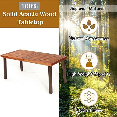 Acacia Wood Outdoor Dining Table with Umbrella Hole and Steel Legs