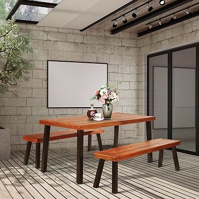 Acacia Wood Outdoor Dining Table with Umbrella Hole and Steel Legs