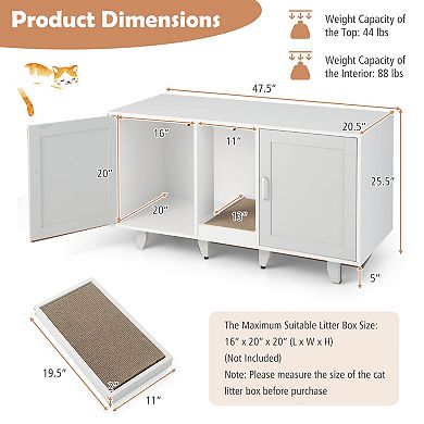 Grey 2-Door Cat Litter Box Enclosure with Curved Entry and Scratch Board