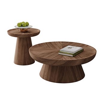 Modern Round Coffee Table with Side Table, Wood Coffee Table Set of 2