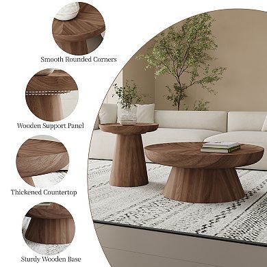 Modern Round Coffee Table with Side Table, Wood Coffee Table Set of 2