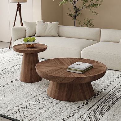 Modern Round Coffee Table with Side Table, Wood Coffee Table Set of 2