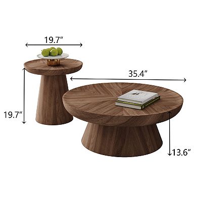 Modern Round Coffee Table with Side Table, Wood Coffee Table Set of 2