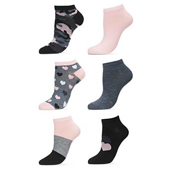 6 Pair Women's Camoflauge And Hearts Low Cut Socks