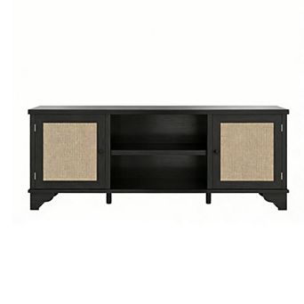 Rattan TV Stand for TVs Up to 65 in Boho Entertainment Center Cabinet with Open Shelf
