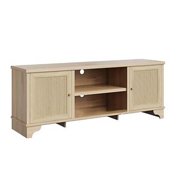 Rattan TV Stand for TVs Up to 65 in Boho Entertainment Center Cabinet with Open Shelf