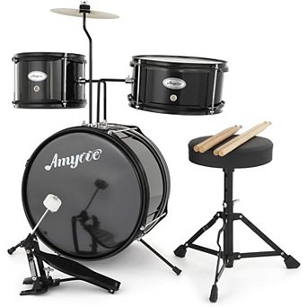 3 pc Drum Set with Bass Drum, 2 Toms, Cymbal, Sticks, Pedal & Stool, Wood and Metal Beginner Kit