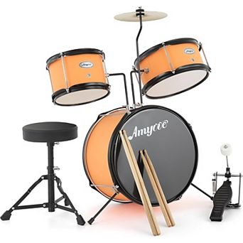 3 pc Drum Set with Bass Drum, 2 Toms, Cymbal, Sticks, Pedal & Stool, Wood and Metal Beginner Kit