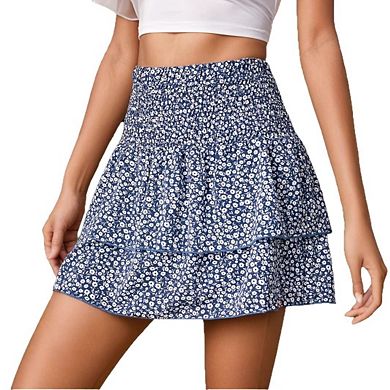 Women's Floral Print Tiered Mini Skirt with Scalloped Edge