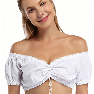 Women's Off Shoulder Dirndl Blouse Lace Trim Front Drawstring - Traditional Oktoberfest Costume Top