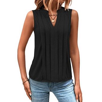 Women's Pleated V Neck Sleeveless Blouse Casual Dressy Loose Fit Tank Top