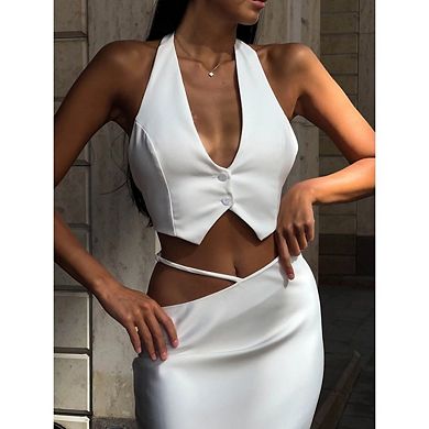 Women's Backless Halter Going Out Button Down Cropped Vest Tops
