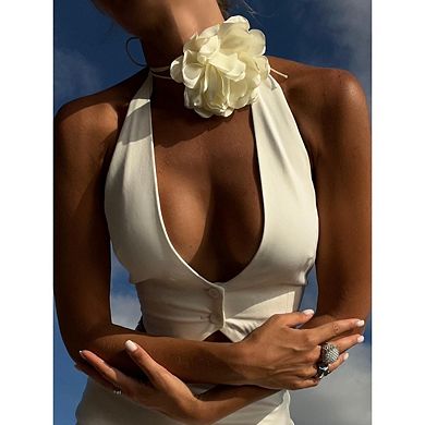 Women's Backless Halter Going Out Button Down Cropped Vest Tops