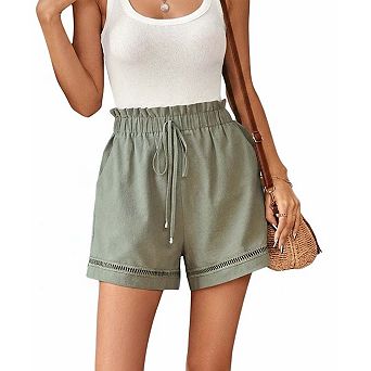 Women's High Waisted Cotton Wide Leg Shorts with Ruffle Waistband