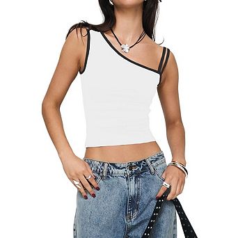 Women's Asymmetrical Tops Color Block Bustier Camisoles Sleeveless Shirts Solid Crop Tank Top