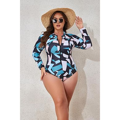 Women's Plus Size Digital Print Long Sleeve One-Piece Swimsuit
