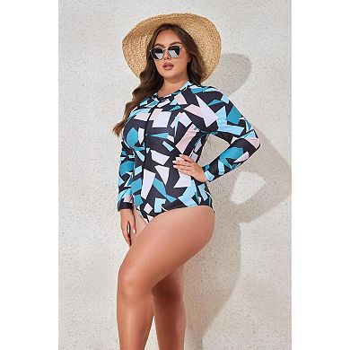 Women's Plus Size Digital Print Long Sleeve One-Piece Swimsuit
