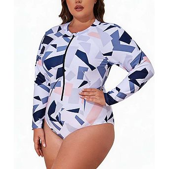 Women's Plus Size Digital Print Long Sleeve One-Piece Swimsuit