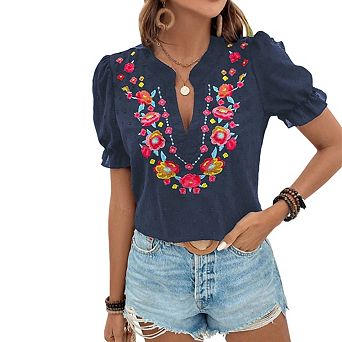 Womens V Neck Short Puff Sleeve Blouse Floral Embroidery Casual Summer Tops
