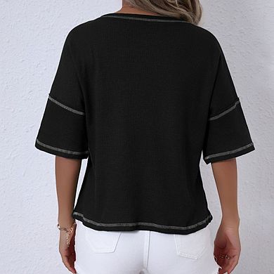 Women Summer Waffle Knit Top Crew Neck Casual Loose Trendy Solid Color Basic Tees Blouse with Pocket