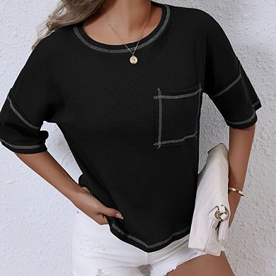Women Summer Waffle Knit Top Crew Neck Casual Loose Trendy Solid Color Basic Tees Blouse with Pocket