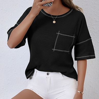 Women Summer Waffle Knit Top Crew Neck Casual Loose Trendy Solid Color Basic Tees Blouse with Pocket