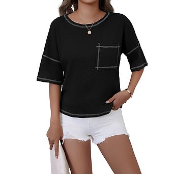 Women Summer Waffle Knit Top Crew Neck Casual Loose Trendy Solid Color Basic Tees Blouse with Pocket