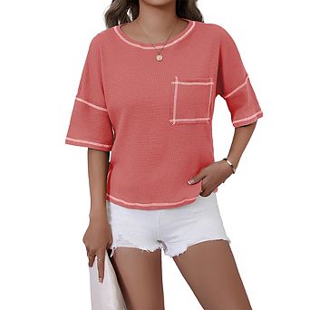 Women Summer Waffle Knit Top Crew Neck Casual Loose Trendy Solid Color Basic Tees Blouse with Pocket