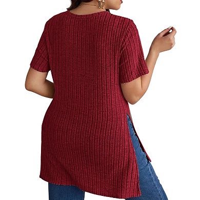 Women's Plus Size Tops Crew Neck Short Sleeve Split Hem Tee Shirt Casual Summer Ribbed Knit Blouses