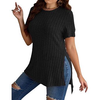 Women's Plus Size Tops Crew Neck Short Sleeve Split Hem Tee Shirt Casual Summer Ribbed Knit Blouses