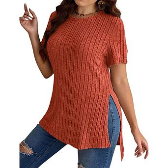 Women's Plus Size Tops Crew Neck Short Sleeve Split Hem Tee Shirt Casual Summer Ribbed Knit Blouses