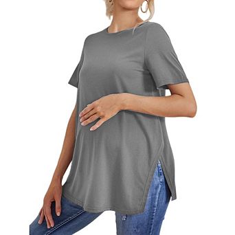 Women's Maternity Short Sleeve Split Side Casual Crewneck Tunic Shirts