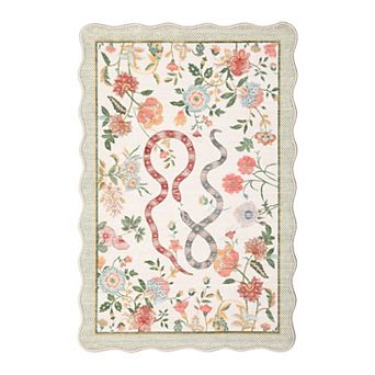Washable Scalloped Rug for Living Room Large Floral Floor Rug, Stain-Resistant Snake Bedroom Mats