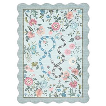 Washable Scalloped Rug for Living Room Large Floral Floor Rug, Stain-Resistant Snake Bedroom Mats