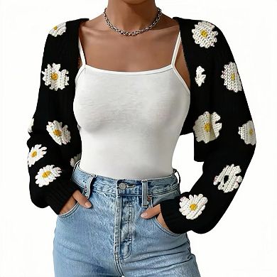 Women's Casual Floral Short Cardigan, Cropped Open Front Knit Sweater Lightweight Boho Layering Top