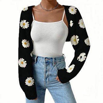 Women's Casual Floral Short Cardigan, Cropped Open Front Knit Sweater Lightweight Boho Layering Top