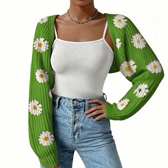 Women's Casual Floral Short Cardigan, Cropped Open Front Knit Sweater Lightweight Boho Layering Top